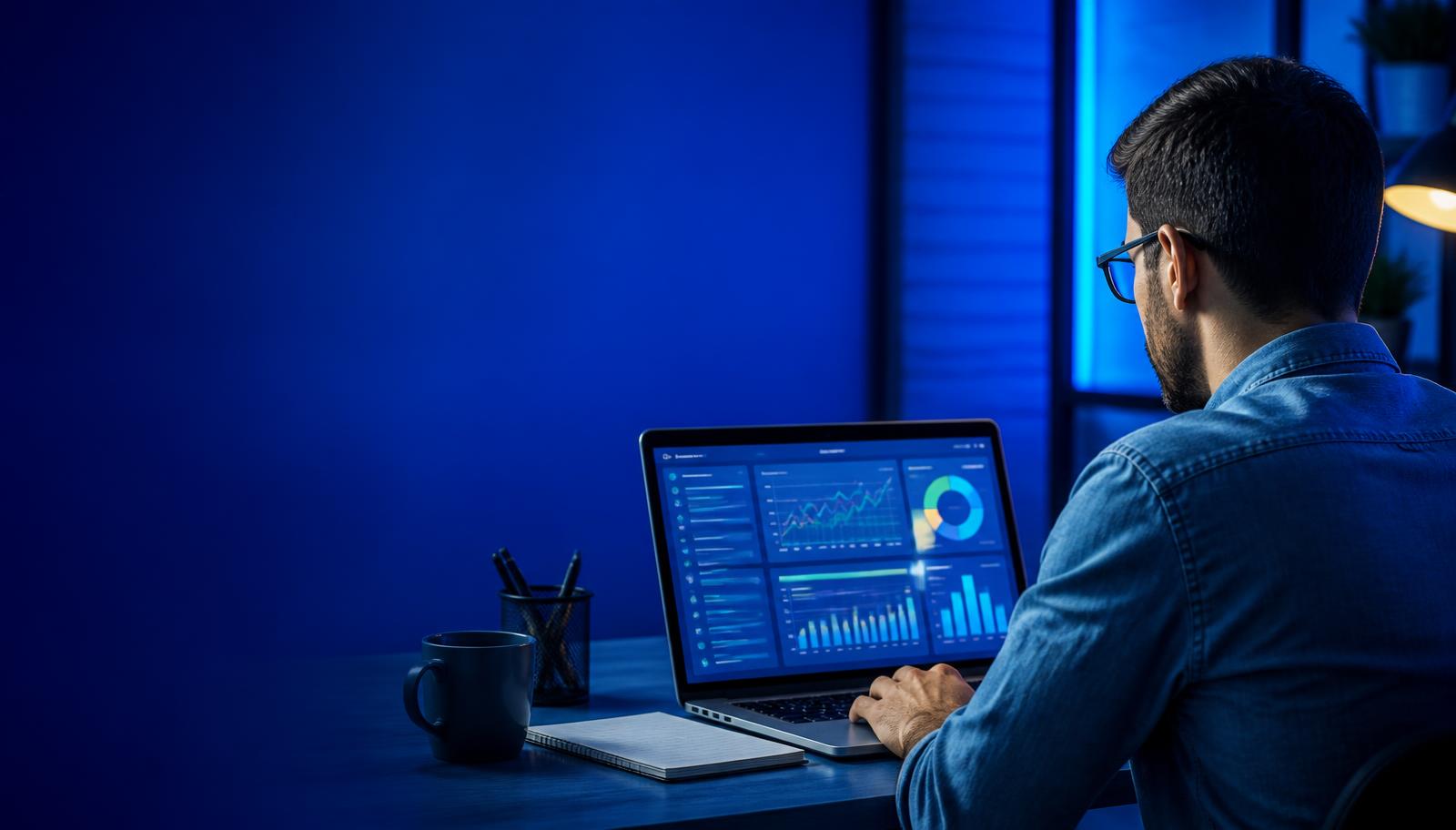 Empresário analisando resultados de campanhas de tráfego pago no computador